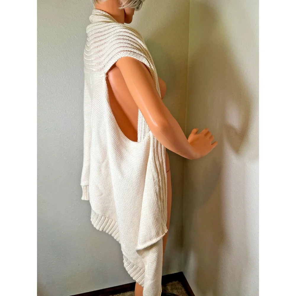 Pure Handknit Cream Cotton Lagenlook Flowy‎ Cardigan Sweater Vest S/M Boho Ivory